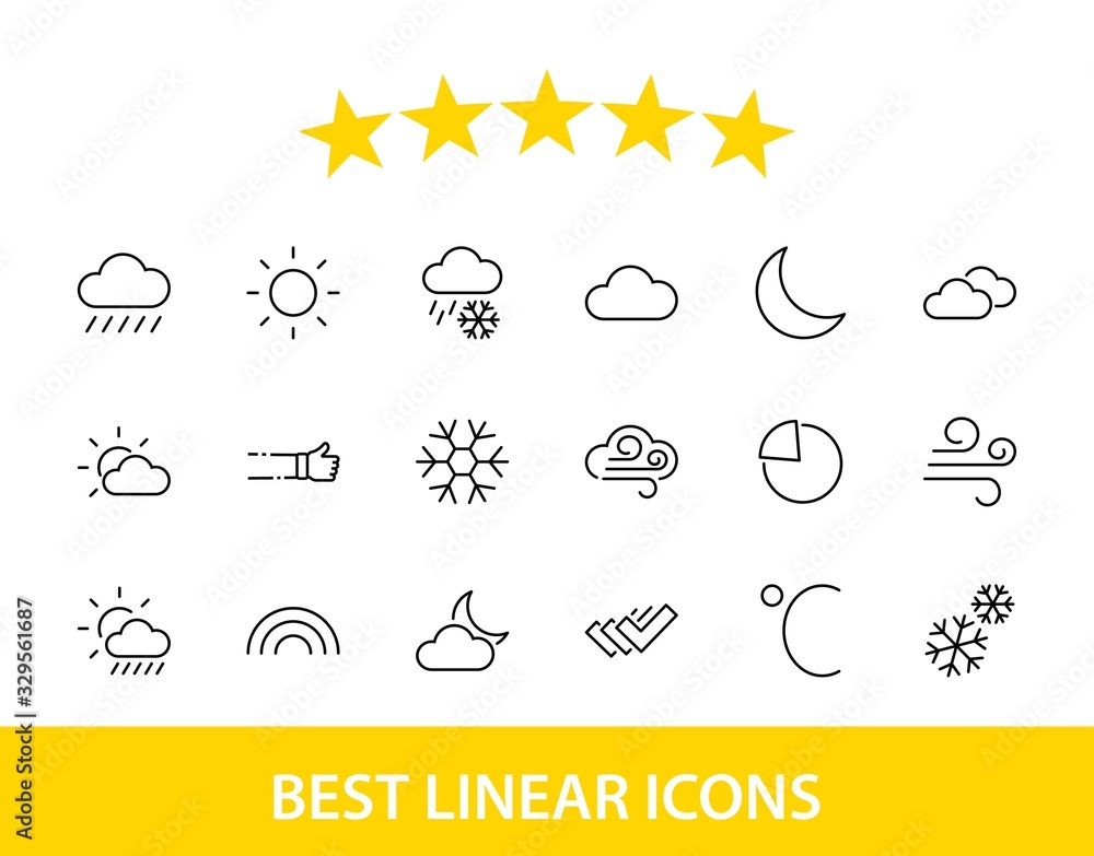 Set of Weather vector line icons. Contains symbols of the sun, clouds, snowflakes, wind, rainbow, moon and much more. Editable Stroke. 32x32 pixels. Set of Weather vector line icons. Contains symbols of the sun, clouds, snowflakes, wind, rainbow, moon and much more. Editable Stroke. 32x32 pixels.