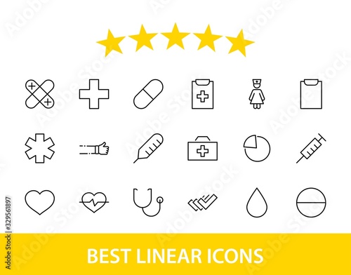 Set of Medicine vector line icons. It contains the first aid kit, nurse, syringe, thermometer, plastic, pills, heart, drop of blood, palpitation and much more. Editable Stroke. 32x32 pixels.