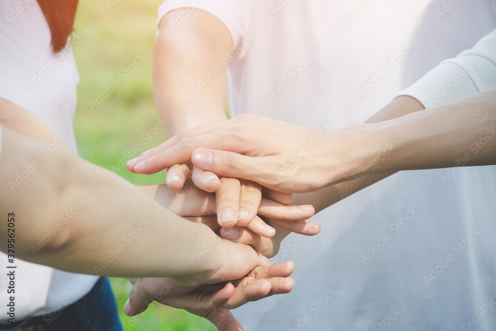 Team teamwork business join hand together concept, Power of volunteer charity work, Stack of people hand Team teamwork business join hand together concept, Power of volunteer charity work, Stack of people hand