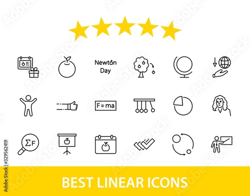Newton's Day Set Line Vector Icon. Contains such Icons as Newton, Laws of physics and gravity, Flying Apple, Calendar, Teacher, blackboard and projector Editable Stroke. 32x32 Pixels