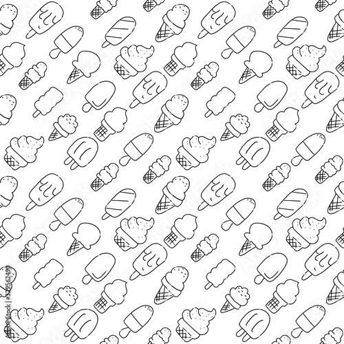 Ice cream Hand Drawn Pattern. Drawing Sundae, Sorbet, Lolly. Summer Seamless Background. Sketch Icons of Icecream. Handdrawn black and white Illustration in doodle style.