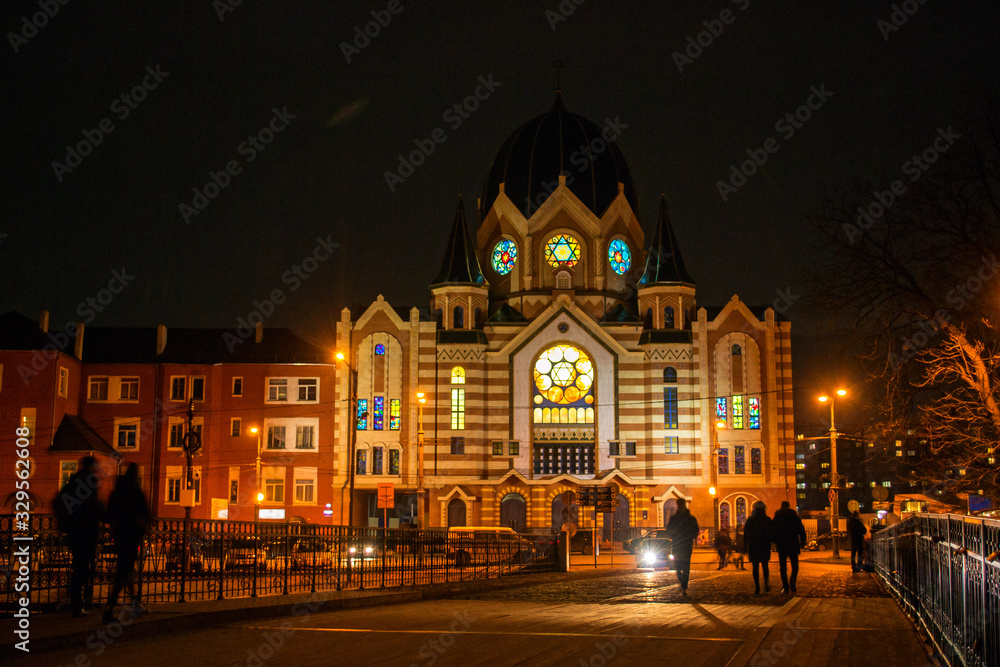 Facade of the New Liberal Synagogue building in Kaliningrad at night, Kaliningrad region, Russia