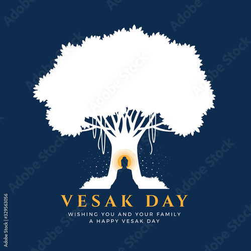 Visak day with Nightly scenery Buddha Meditation under bodhi tree on blue background vector design