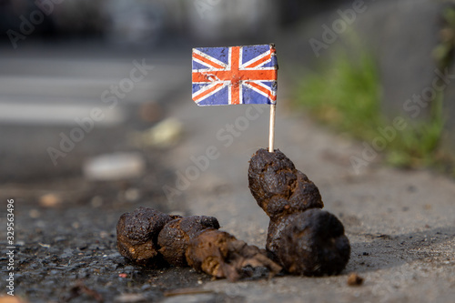 Britische Flagge steckt in Hundekot auf der Strasse photo