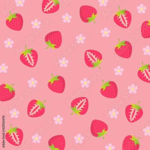 Seamless fruit pattern.Cute fresh strawberry with cherry flower blossom isolated on pink background.
