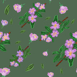 seamless pattern with watercolor pink apple flowers, leaves and branches on dark green background. Elegant spring print. Packaging, wallpaper, textile, fabric design