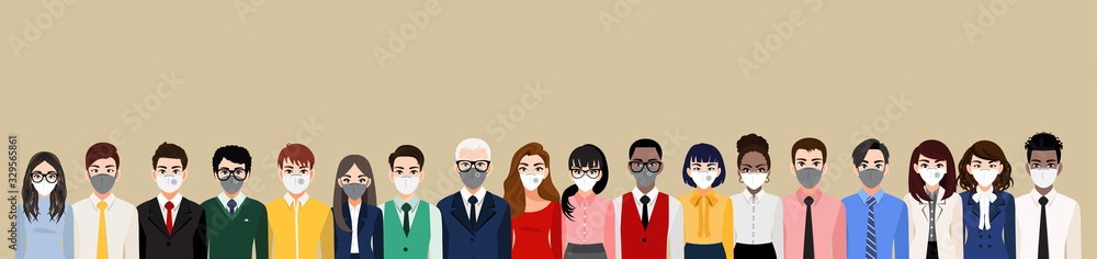 Cartoon character with people wearing face masks or medical masks, air pollution, contaminated air, world pollution, prevent disease, flu, gas mask, Coronavirus.Flat vector illustration Cartoon character with people wearing face masks or medical masks, air pollution, contaminated air, world pollution, prevent disease, flu, gas mask, Coronavirus.Flat vector illustration