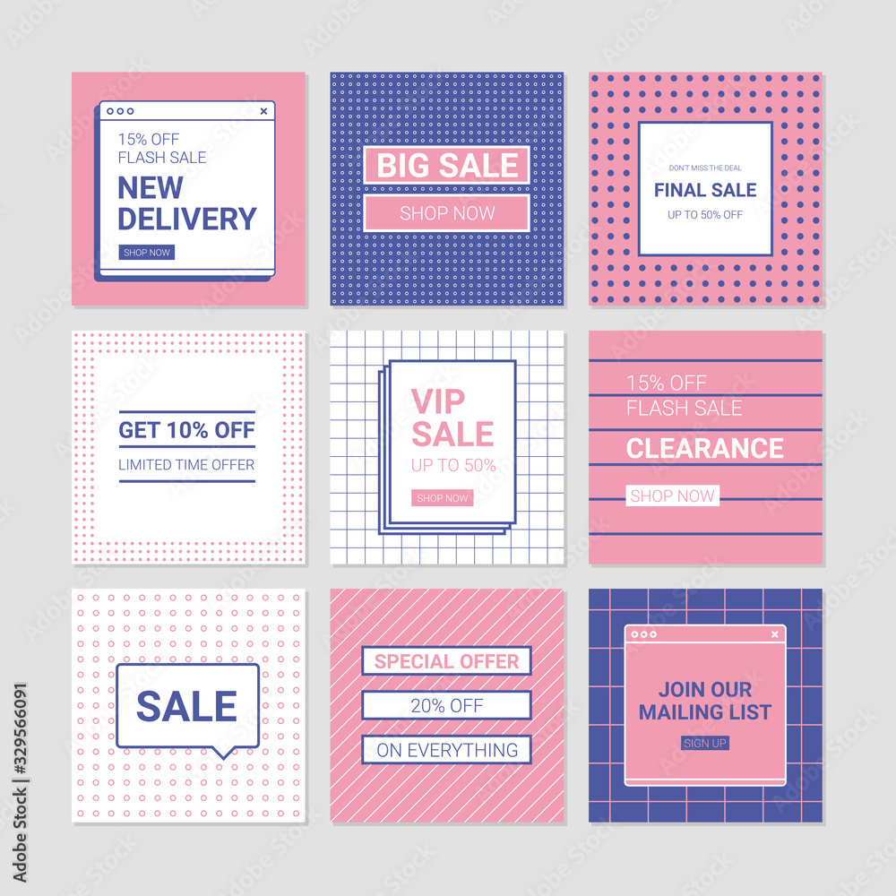 Sale banner templates. Memphis design style social media pack.