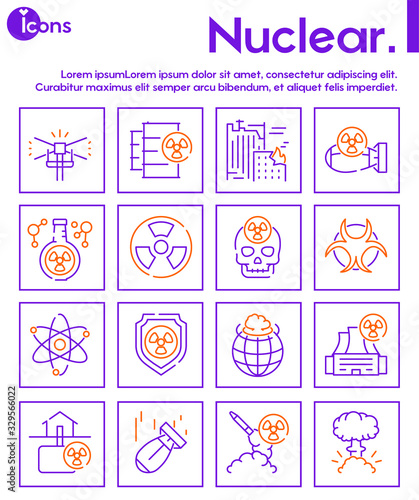 Nuclear color linear icon set. Editable stroke. Missile, radioactive, shelter, bomb effect