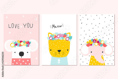 Photography Set of cute baby cards with cartoon animals