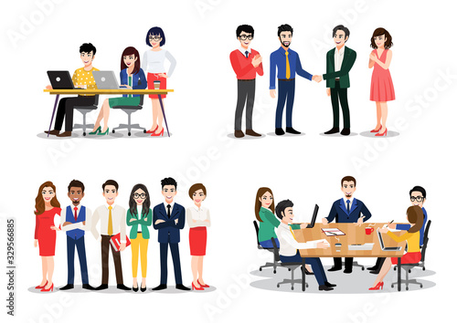 Office worker set. Bundle of men and women taking part in business meeting, negotiation, brainstorming, talking to each other. Colorful vector illustration in flat cartoon style