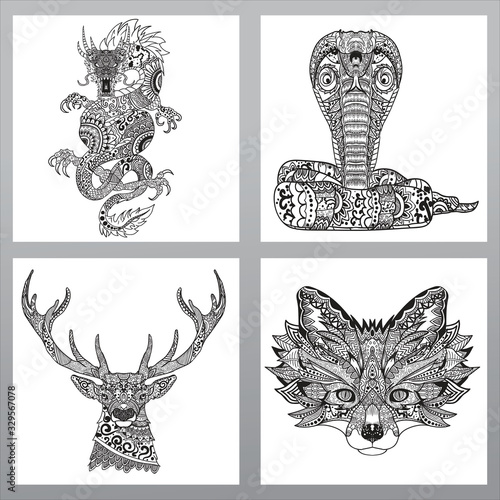 pack of animal mandala, dragon mandala design, cobra mandala design, deer mandala design, fox mandala design, set of 4 circular pattern animal, high detail mandala animal pattern