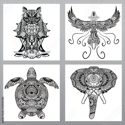 pack of animal mandala, owl mandala design, phoenix mandala design, turtle mandala design, elephant mandala design, set of 4 circular pattern animal, high detail mandala animal pattern