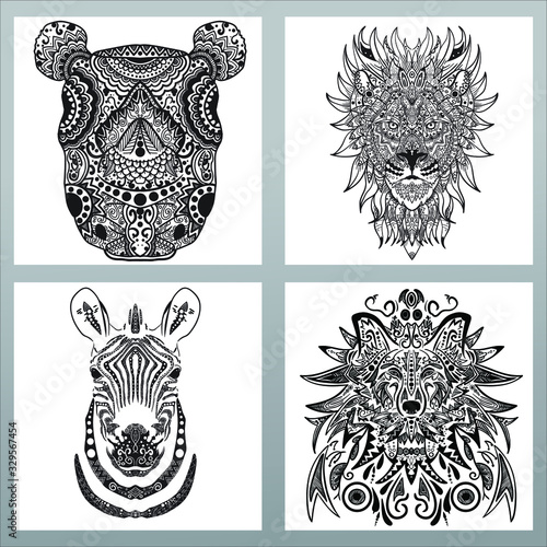 pack of animal mandala, rhino mandala design, lion mandala design, zebra mandala design, wolf mandala design, set of 4 circular pattern animal, high detail mandala animal pattern