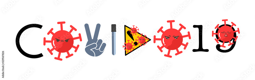 Vector banner of fight covid-19 corona virus. Emotional face, waring sing yellow black and science tube with fighting hand sign or v victory Vector banner of fight covid-19 corona virus. Emotional face, waring sing yellow black and science tube with fighting hand sign or v victory