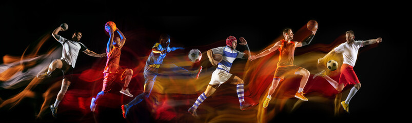 Creative collage of sportsmen in mixed and neon light on black background. Flyer for advertising or proposal. Motion, action, sport, reaching target concept. Soccer, basketball, run, jump, handball.