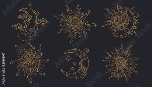 Pattern from sun and moon in bo-ho style.