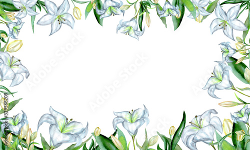 Tender white lilies frame. Hand painted watercolor floral border isolated on white background. Green and white trendy flowers. Design for wedding invitations, greeting cards, posters, banners. Sping © Chris