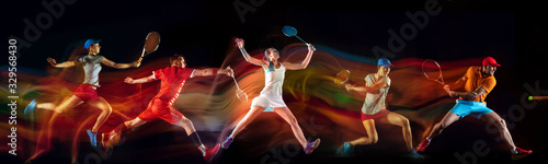 Creative collage of 4 sportsmen in mixed and neon light on black background. Flyer for advertising or proposal. Motion, action, sport, reaching target concept. Tennis and badminton players in jump. photo