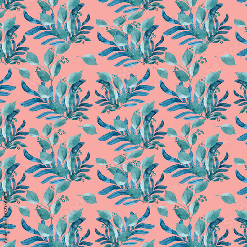 seamless pattern of blue bouquet of leaves on a warm pink background