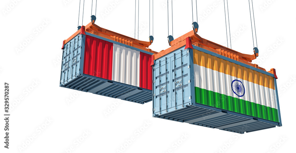 Shipping containers with India and Peru flag. 3D Rendering Shipping containers with India and Peru flag. 3D Rendering