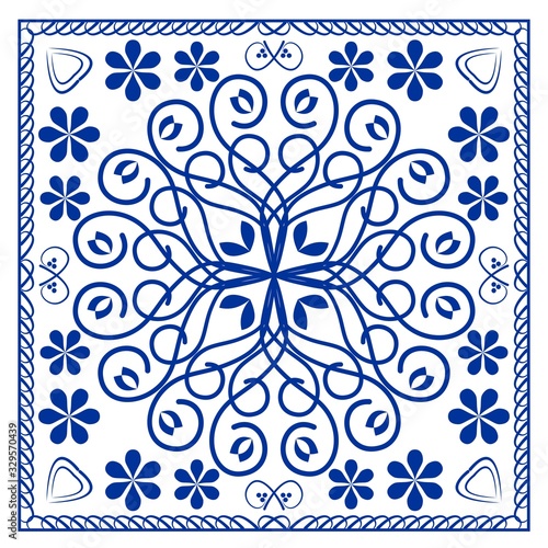Blue ceramics tile design, symmetric cobalt patterns on white background, ceramic in portuguese or spain style, azulejo, vector design