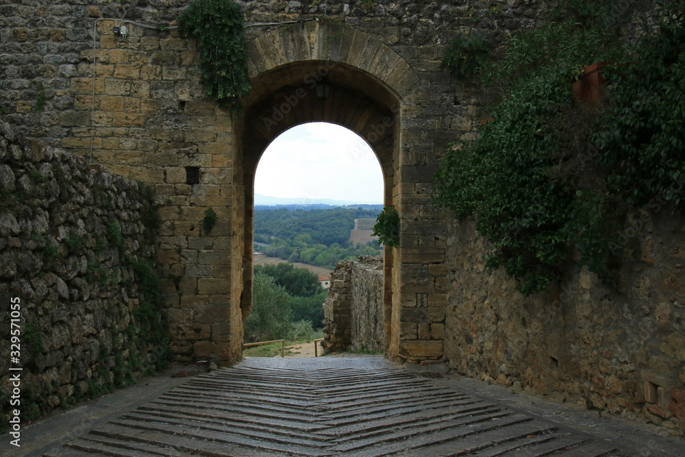 Fortress gate to Monteriggioni castle, Tuscany, Italy