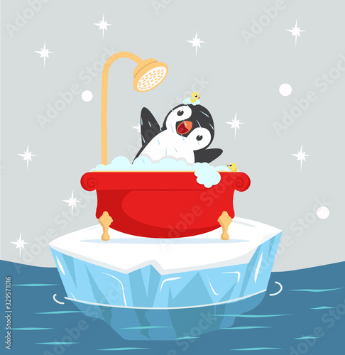 penguin bath with foam on  Iceberg floating