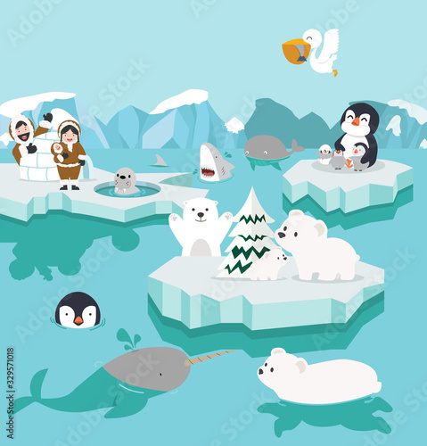 Set of cute cartoon North pole Arctic on icebergs