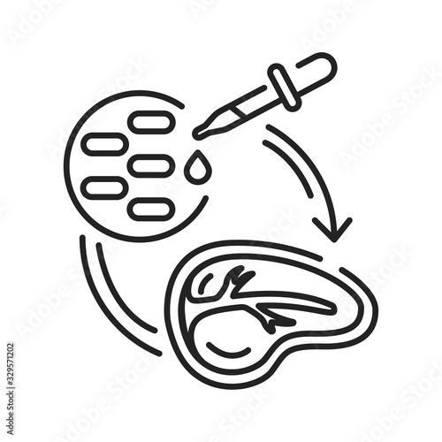 Stem cell meat black line icon. Meat produced by in vitro cell culture of animal cells, instead of from slaughtered animals. Pictogram for web page, mobile app, promo. Editable stroke.