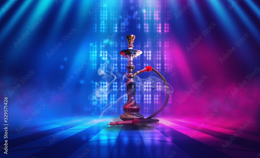 Hookah with smoke on a dark abstract background. Background of p - obrazy, fototapety, plakaty 