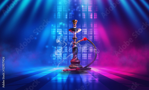 Hookah with smoke on a dark abstract background. Background of p