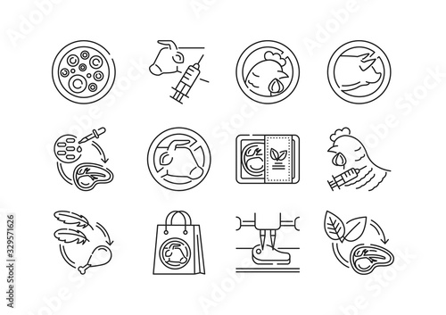 Artificial meat black line icons set. Cultured meat. Meat grown in cell culture instead of inside animals. Pictogram for web page, mobile app, promo. UI UX GUI design element. Editable stroke.