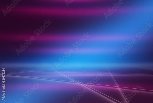 Background empty show scene. Ultraviolet dark abstract background. Geometric neon shapes, neon glow, smoke. Reflection of light on the pavement