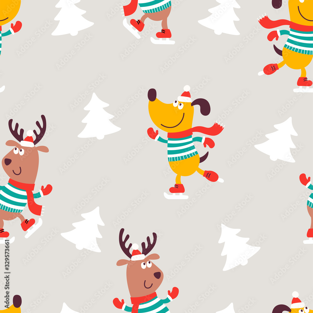 Christmas seamless pattern with image cartoon dogs in striped jersey. Vector illustration. Christmas seamless pattern with image cartoon dogs in striped jersey. Vector illustration.