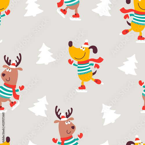 Christmas seamless pattern with image cartoon dogs in striped jersey. Vector illustration.