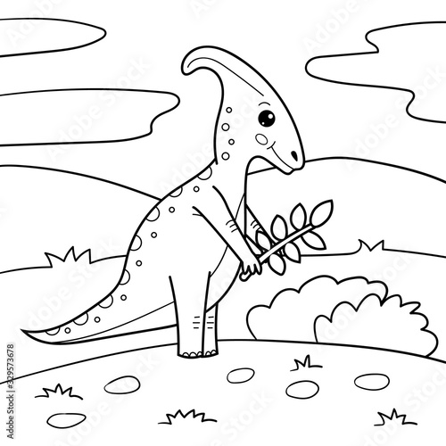 Coloring page for children. Kawaii cartoon Parasaurolophus. Vector dinosaur. Black and white illustration.