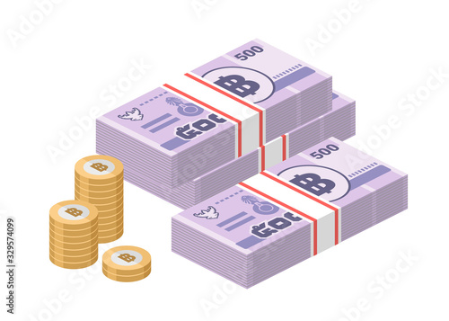 Isometric stacks of 500 Thai baht banknotes and coins. Five hundred bills of Thailand money. THB currency notes. Flat style. Vector illustration.