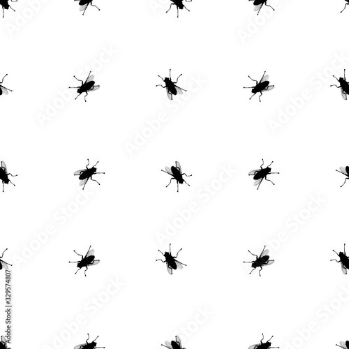 Seamless pattern black fly silhouette isolated, white background, bloodsucking insect repeating ornament, animal wallpaper, pest bug backdrop, disease carrier vector, virus and epidemic spread concept © Vera NewSib
