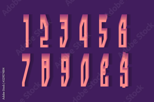 Volumetric coral pink numbers and currency signs. 3d display font in strict style.