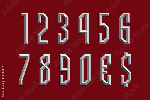 Volumetric prismatic numbers and currency signs. Metallic 3d display font.