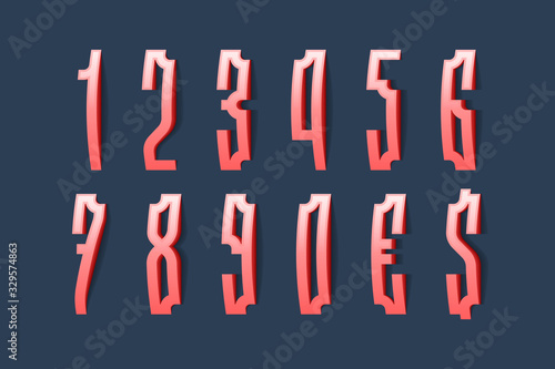Volumetric red convex numbers and currency signs in old slavic style. 3d display font.