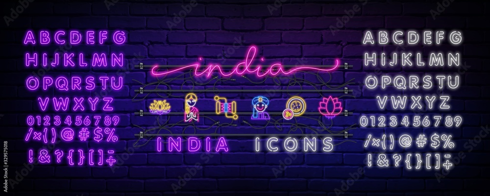 Neon composition of the title India . Vector illustration of glowing neon text and icon set. Bright digital signage for banners, leaflets on a dark background.