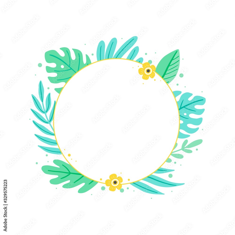 Tropical summer leaf circle frame for text border, greeting card, poster design. Exotic floral decoration of hawaii style. Vector illuatration of trendy style.