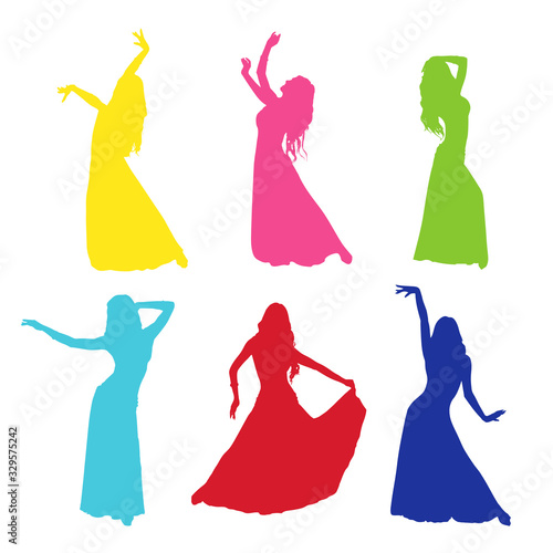 Vector set of silhouettes of a dancing girl. Eastern dance. A woman dressed in a long skirt is dancing