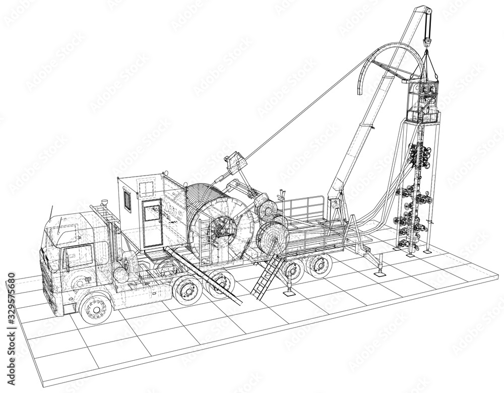 Oilfield coiled tubing equipment. Coiled tubing reel on a trailer. The layers of visible and invisible lines are separated.