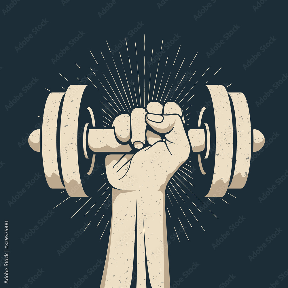 Strong bodybuilder man arm holding dumbbell doing lift exercise isolated on  dark background. Sport gym workout fitness concept. Vector illustration.  Stock Vector