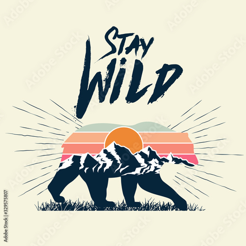 Walking bear silhouette with mountains landscape double exposure effect and stay wild caption. Wild nature concept. Vector illustration. photo