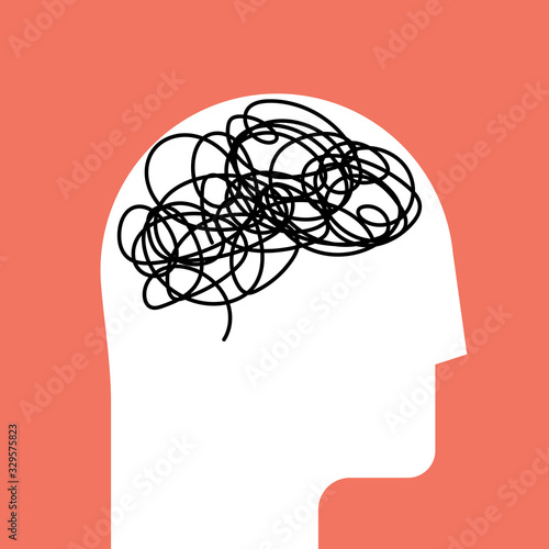 Brain in white head silhouette concept. Vector illustration.