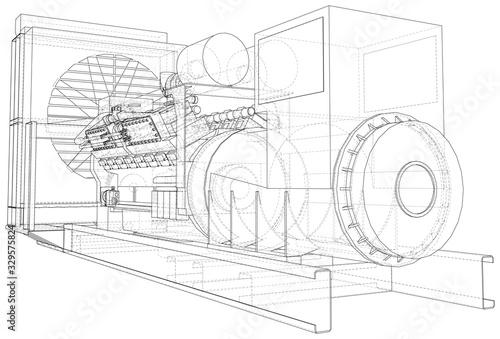 Generator. Diesel and gas industrial electric generator. The layers of visible and invisible lines are separated. Wire-frame outline.